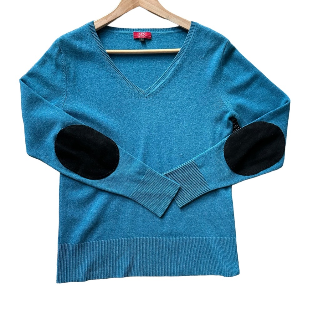 LIV Collection Womens Blue V-Neck Cashmere Long Sleeve Sweater with Elbow Patch